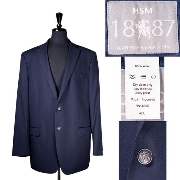 Hart Schaffner Marx Mens Blazer Blue Wool Metal Buttons Jacket Sport Coat 48L